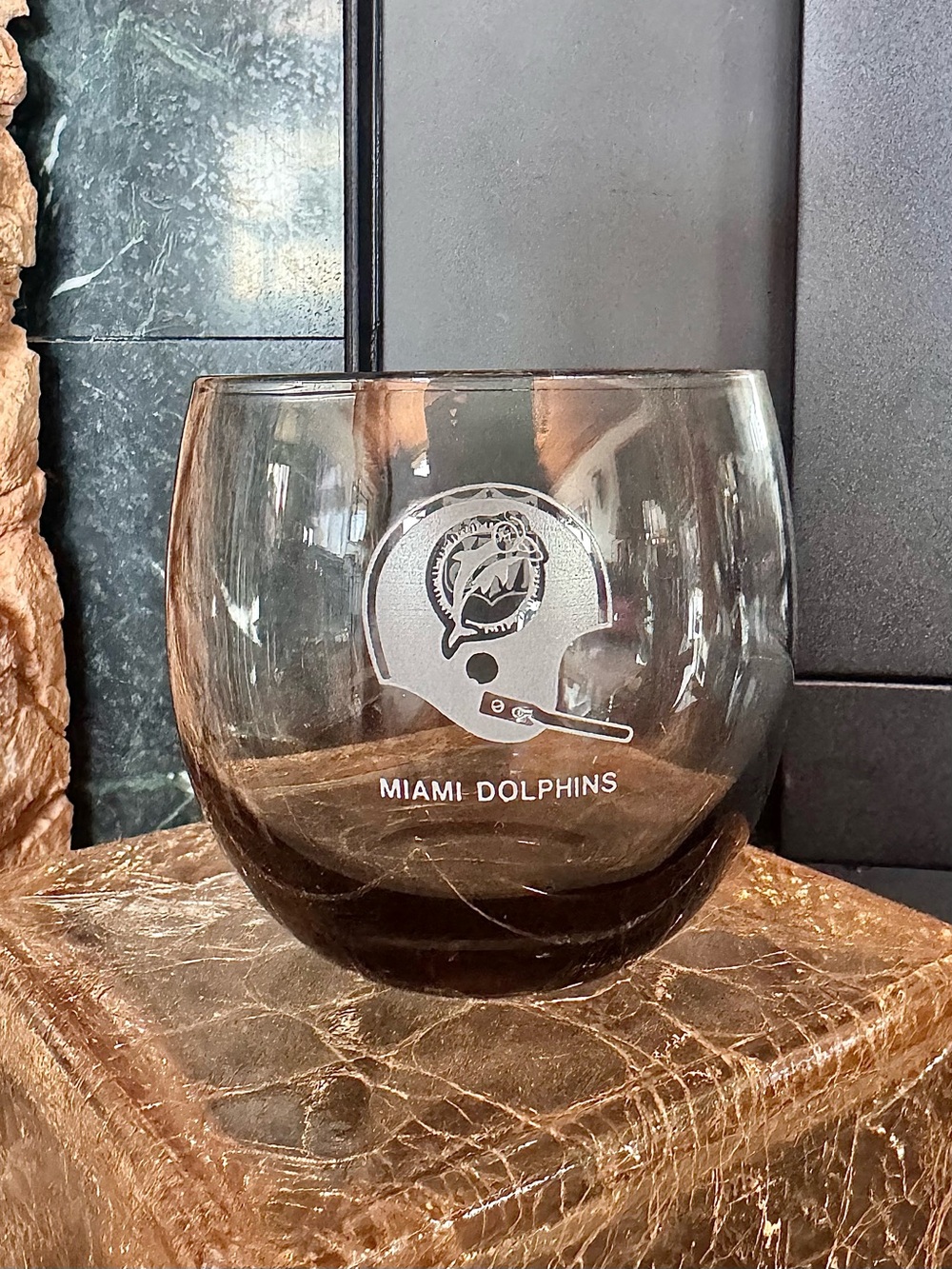 Vintage 1970s Miami Dolphins Smoked Gray Roly Poly Rocks Glass